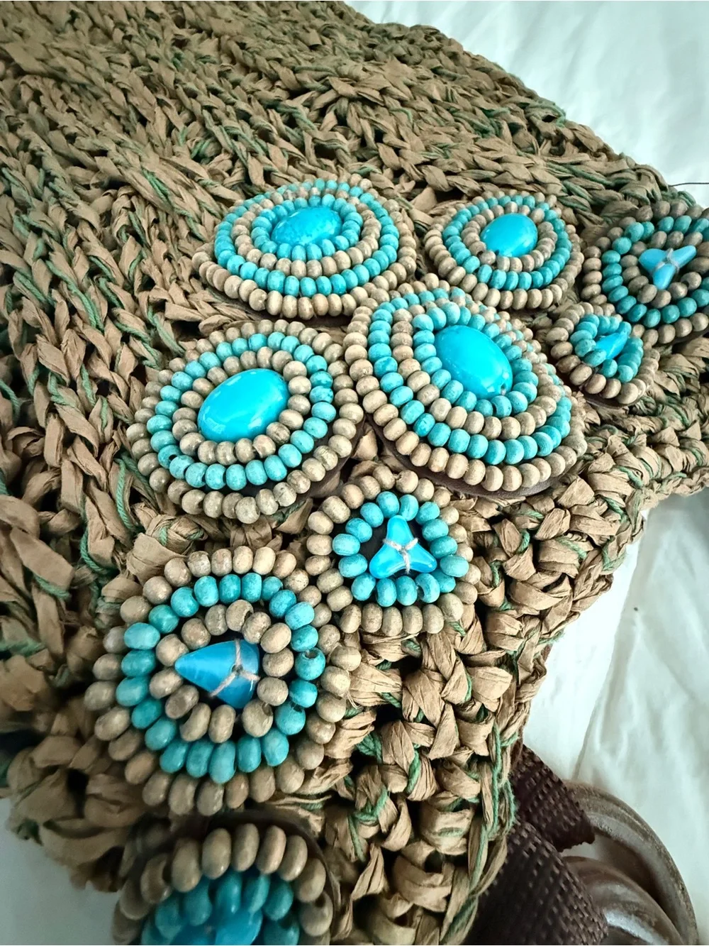 Chico's Brown Handwoven Satchel with Turquoise Bead Accents